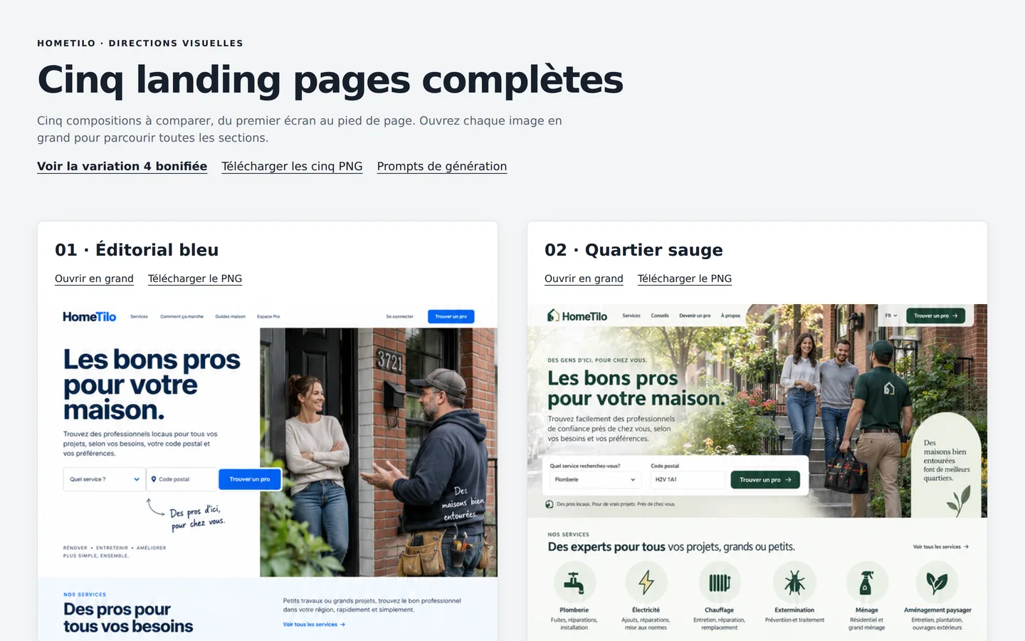 Aperçu de HomeTilo, cinq variations de page d'accueil